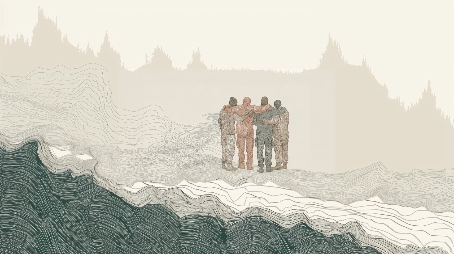 Line illustration of veterans supporting each other above turbulent waves